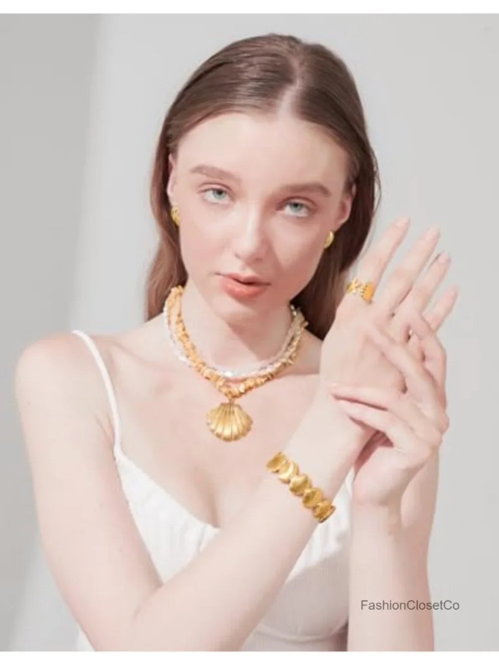 Three Layer Gold Plated Brass Seashell Choker Necklace, Summer Beach Jewelry,